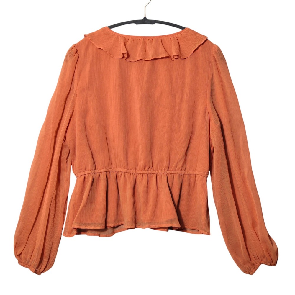 Abercrombie & Fitch Ruffle V-Neck Peplum Blouse Burnt Orange L Balloon Sleeve - Picture 3 of 8